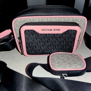 Michael Kors Black, Gray & Pink Crossbody Camera Bag with Coin Pouch